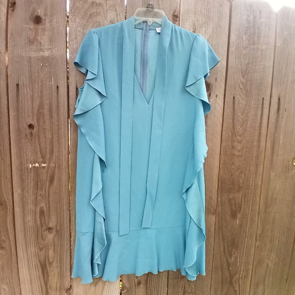 RED VALENTINO DRESS WOMEN SZ 44(6) BLUE KEYHOLE TIE V NECK FLUTTER SLEEVEVES